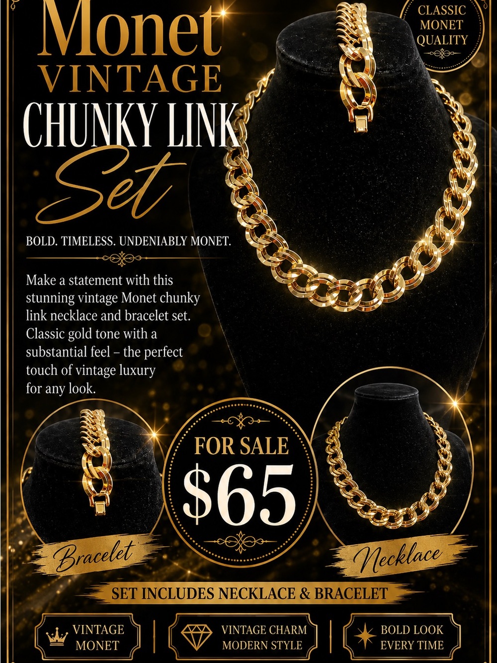 Monet Vintage Chunky Link Necklace & Bracelet Set - Gold